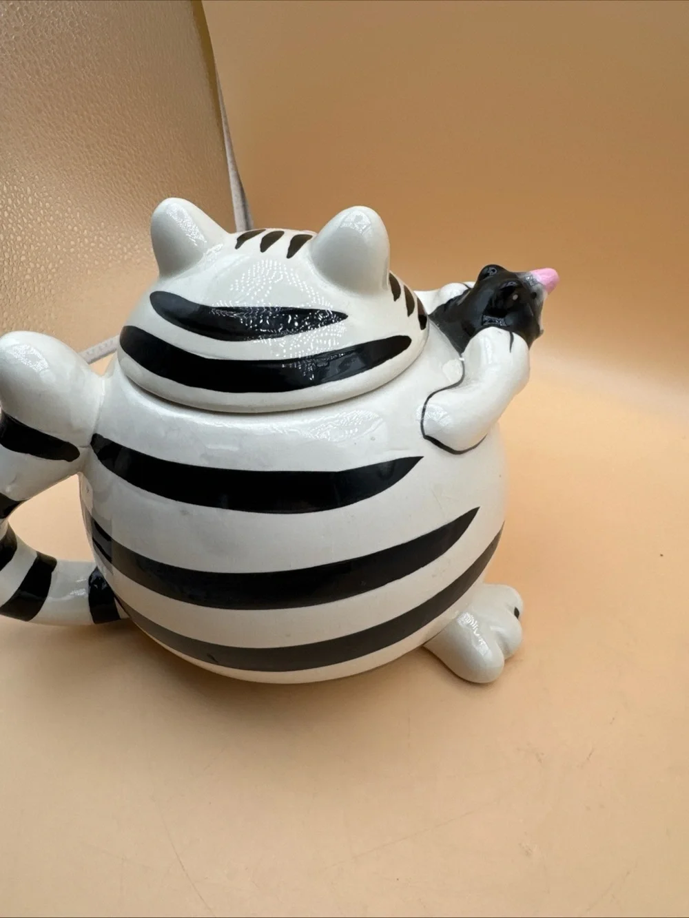 Pier 1 White and Black Striped Cat Toy Figurine with Pink Accent